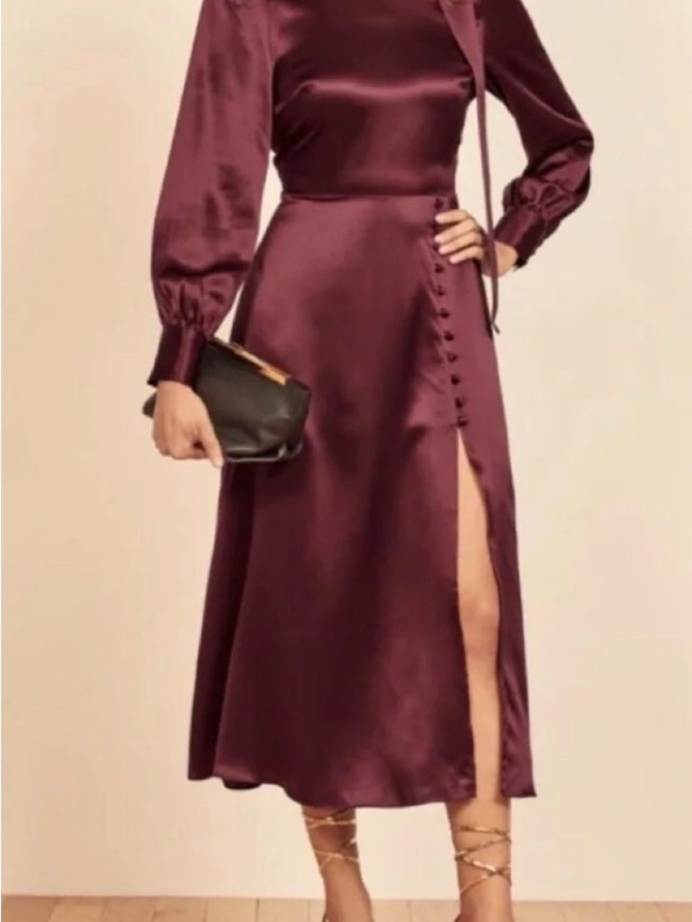 Reformation Deep Wine Long Sleeve Button-Front Midi Dress